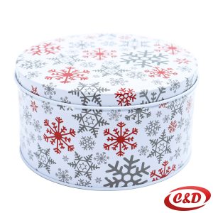 Okrugla metalna mala posuda s poklopcem u bijeloj boji sa sivim i crvenim pahuljama.