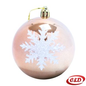 Roza božićna kugla promjera 8 cm s bijelom pahuljom.