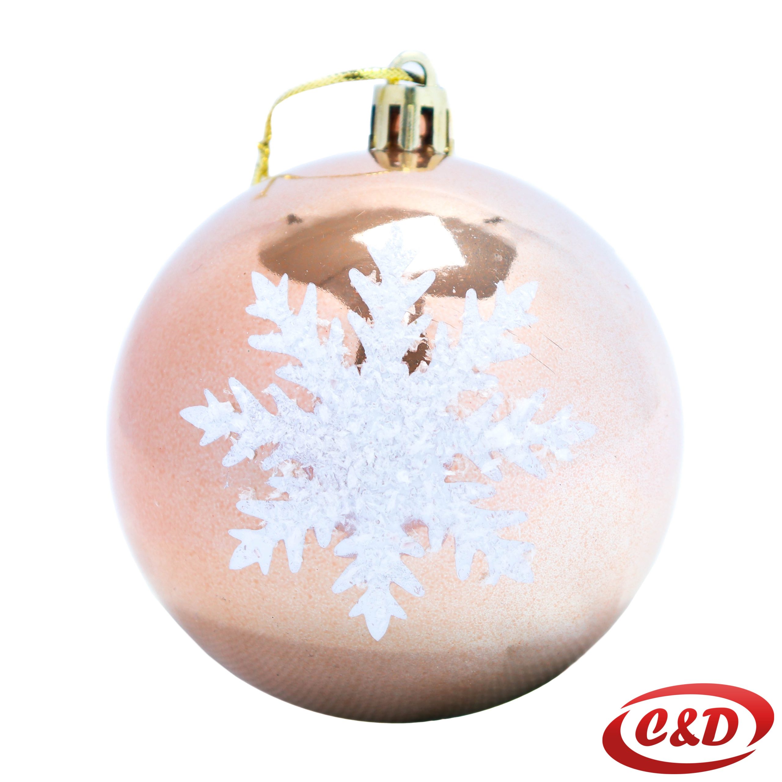 Roza božićna kugla promjera 8 cm s bijelom pahuljom.