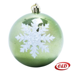 Zelena božićna kugla promjera 8 cm s bijelom pahuljom.