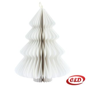 Rasklopiva papirna božićna jelka bijele boje sa zlatnom završnicom, dimenzija 40×30 cm.