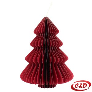 Rasklopiva papirna božićna jelka crvene boje sa zlatnom završnicom, dimenzija 40×30 cm.