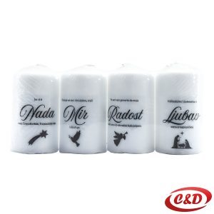 Set od 4 bijele/crne adventske svijeće visine 9 cm s natpisima Nada, Mir, Radost i Ljubav
