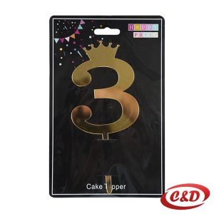 Zlatni toper za tortu broj 3 visine 20 cm, dekoracija za rođendansku tortu od PVC materijala