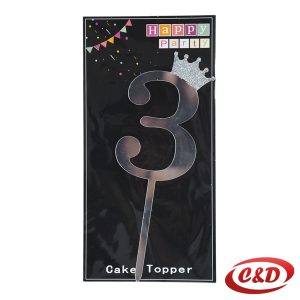 Srebreni toper za tortu broj 3 visine 20 cm, dekoracija za rođendansku tortu od PVC materijala