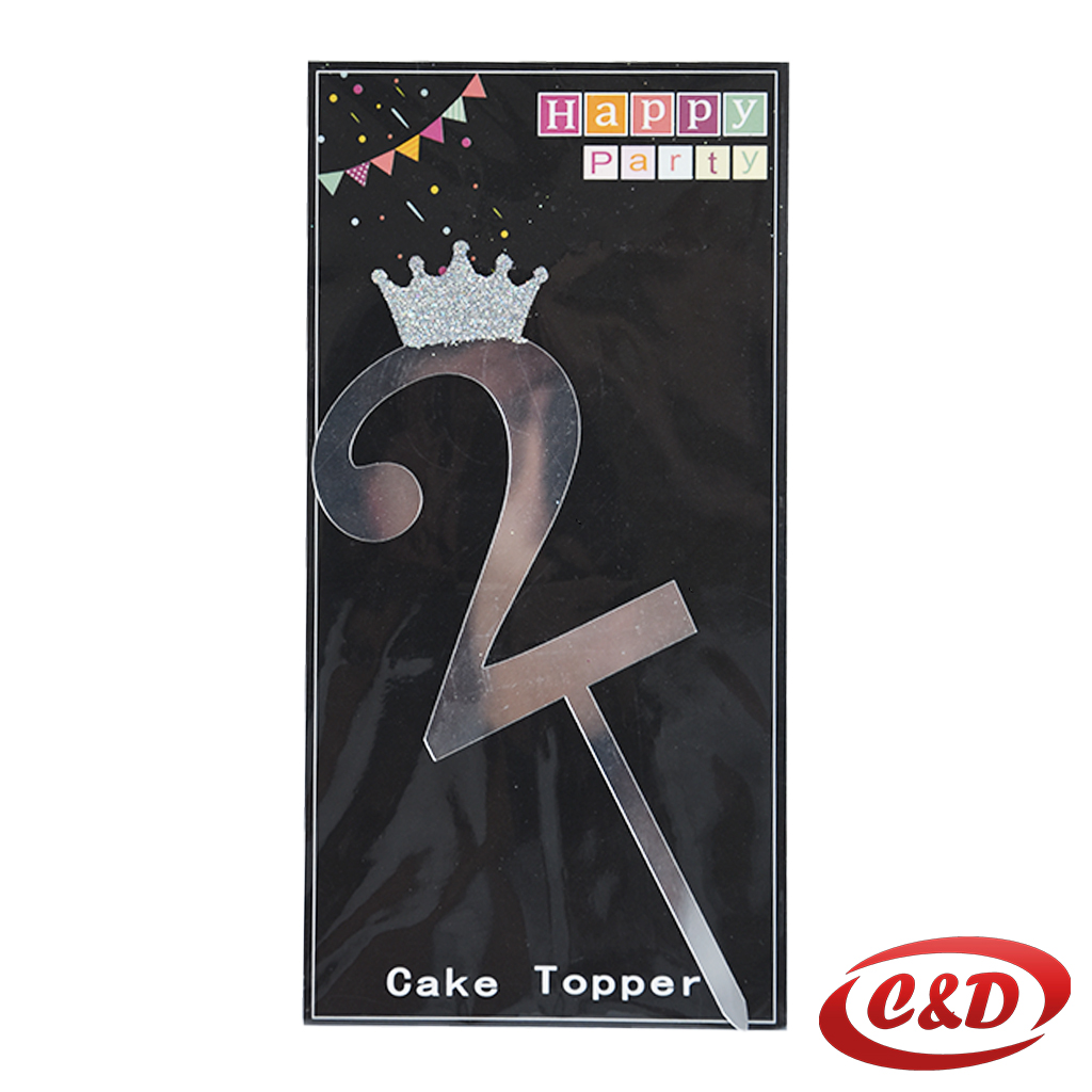 Srebreni toper za tortu broj 2 visine 20 cm, dekoracija za rođendansku tortu od PVC materijala