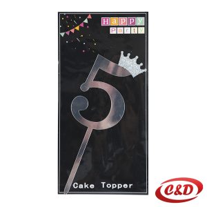Srebreni toper za tortu broj 5 visine 20 cm, dekoracija za rođendansku tortu od PVC materijala