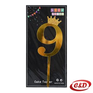 Zlatni toper za tortu broj 9 visine 20 cm, dekoracija za rođendansku tortu od PVC materijala