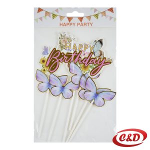 Toper za tortu u obliku leptira s natpisom “Happy Birthday” u ljubičastim, roza i zlatnim bojama, dužine 15 cm