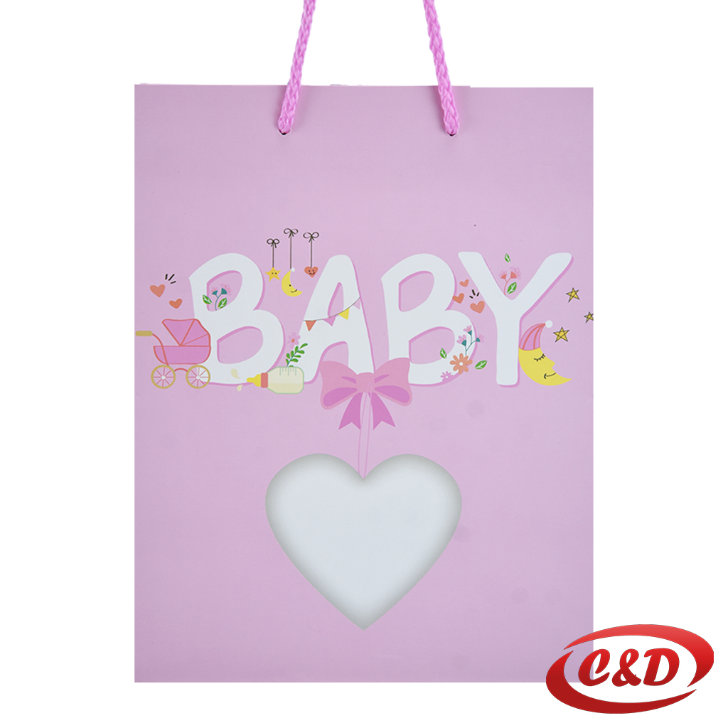 Roza poklon vrećica s natpisom “Baby” i motivom srca, dimenzija 18 × 23 × 11 cm, idealna za poklone za novorođenče i dječje proslave
