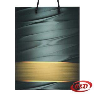 Tamno zelena poklon vrećica sa zlatnim detaljima, dimenzija 18 × 23 × 11 cm, idealna za poklone i svečane prilike