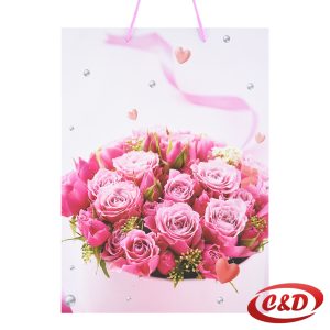 Roza i bijela poklon vrećica s motivom cvijeća, dimenzija 33 × 45 × 10 cm, idealna za rođendane, proslave i tematske poklone