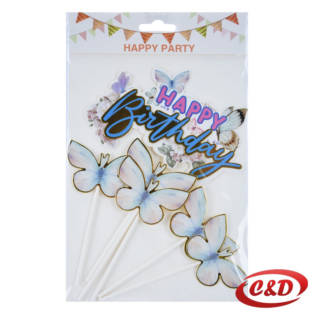 Toper za tortu u obliku leptira s natpisom “Happy Birthday” u ljubičastim, roza i zlatnim bojama, dužine 15 cm