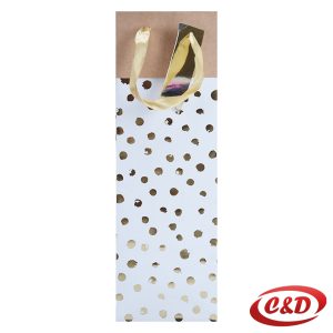 Bijela poklon vrećica za piće sa zlatnim točkicama, dimenzija 13x36x9 cm.