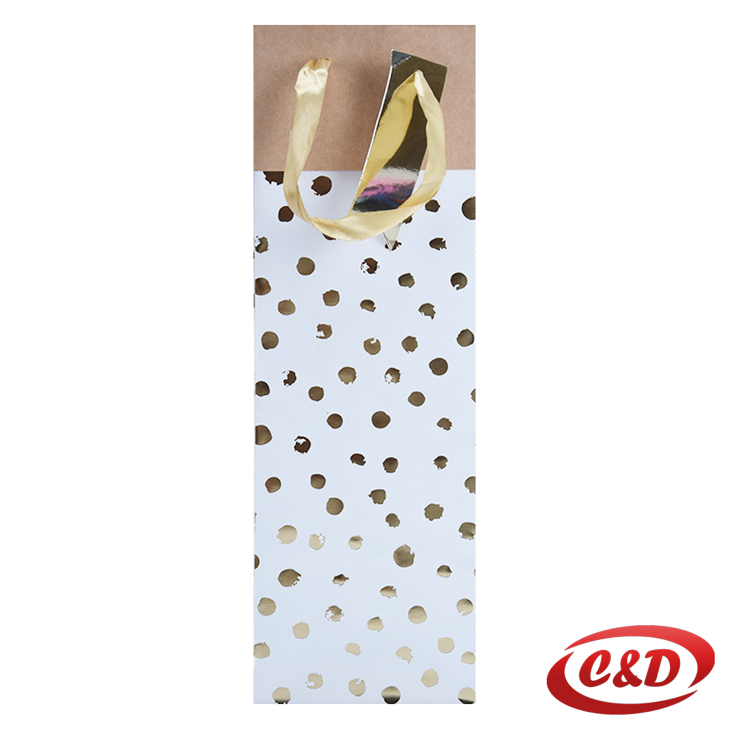 Bijela poklon vrećica za piće sa zlatnim točkicama, dimenzija 13x36x9 cm.