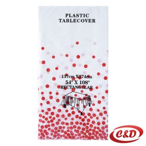 Bijeli stolnjak s crvenim točkicama dimenzija 137x274 cm na blagovaonskom stolu