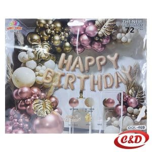 Komplet za balonski luk sa latex balonima u roza, bež i zlatnoj boji, natpis “Happy Birthday” i pribor za sastavljanje