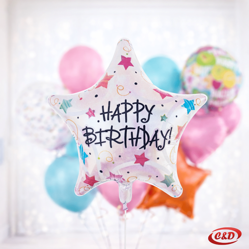 Folija balon zvijezda srebrne boje s natpisom Happy Birthday i šarenim zvjezdicama, dimenzija 40 cm