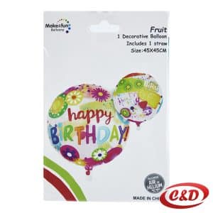 Folija balon Happy Birthday s oslikanim voćnim motivima, dimenzija 45 × 45 cm