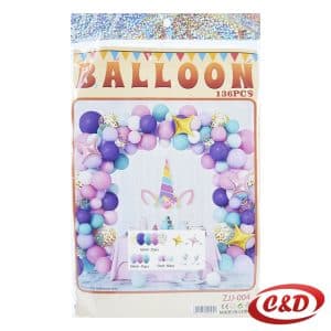 Balon luk Jednorog u ljubičastoj, bijeloj i providnoj boji s konfetama u zelenoj boji i folija balonima u obliku dijamanta i zvijezde, set od 136 komada