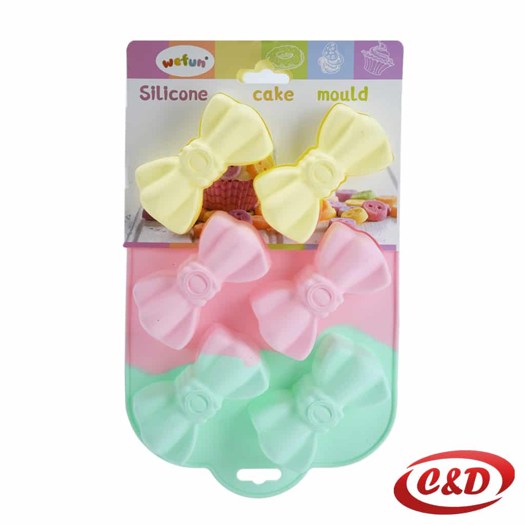 Silikonski kalup u obliku mašne u žutoj, roze i zelenoj boji dimenzija 9 × 5 × 3 cm