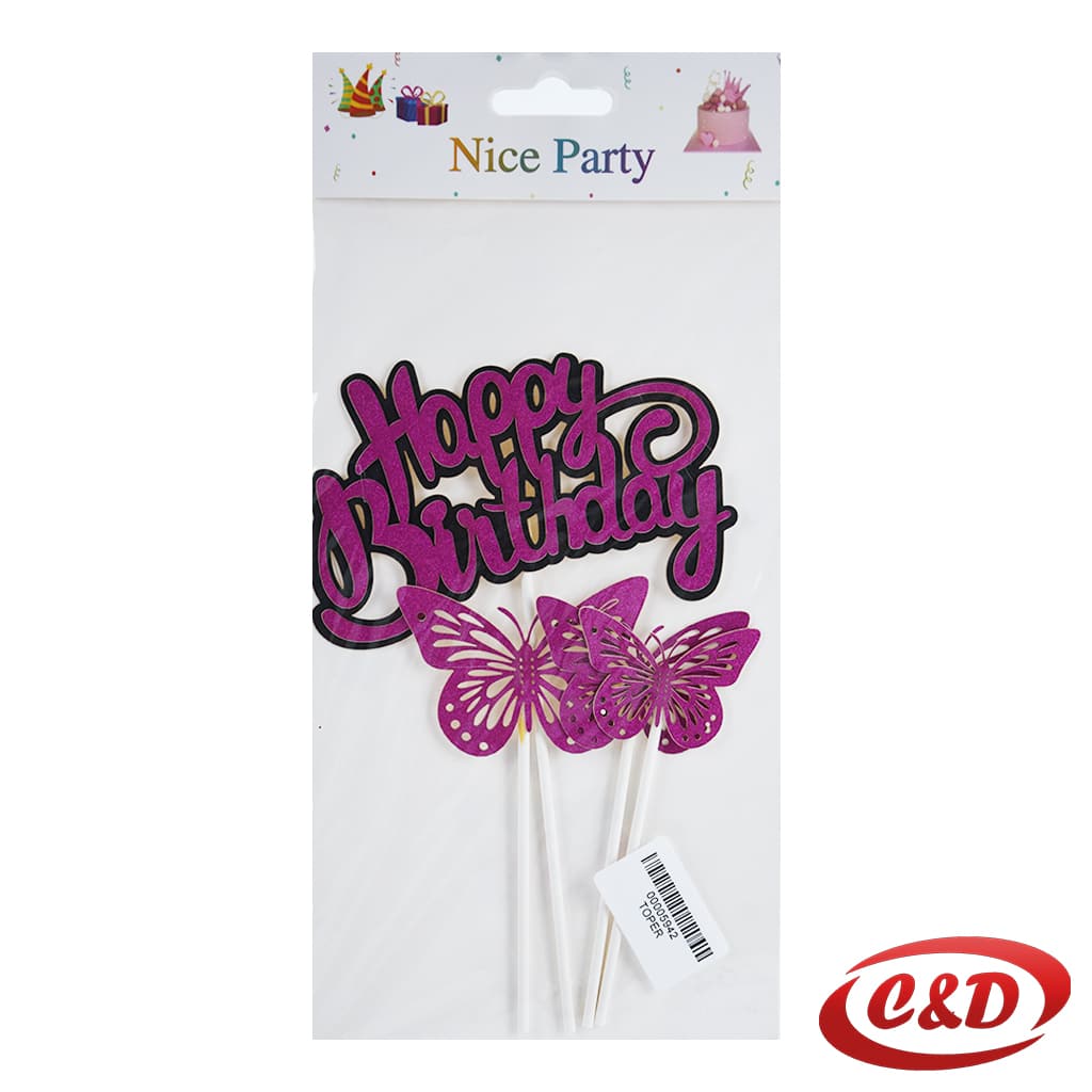 Ljubičasti toper Happy Birthday s tri leptira za rođendansku tortu