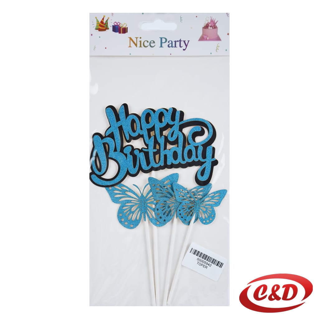 Plavi toper Happy Birthday sa šljokicama i tri leptira za rođendansku tortu