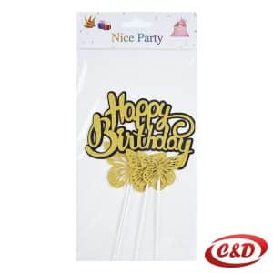 Zlatni toper Happy Birthday s tri leptira za rođendansku tortu