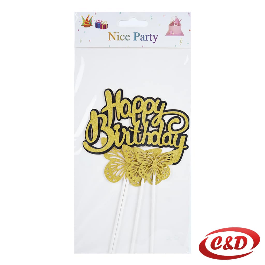 Zlatni toper Happy Birthday s tri leptira za rođendansku tortu