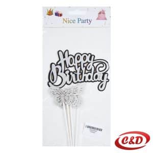 Srebrni toper Happy Birthday s tri leptira za rođendansku tortu