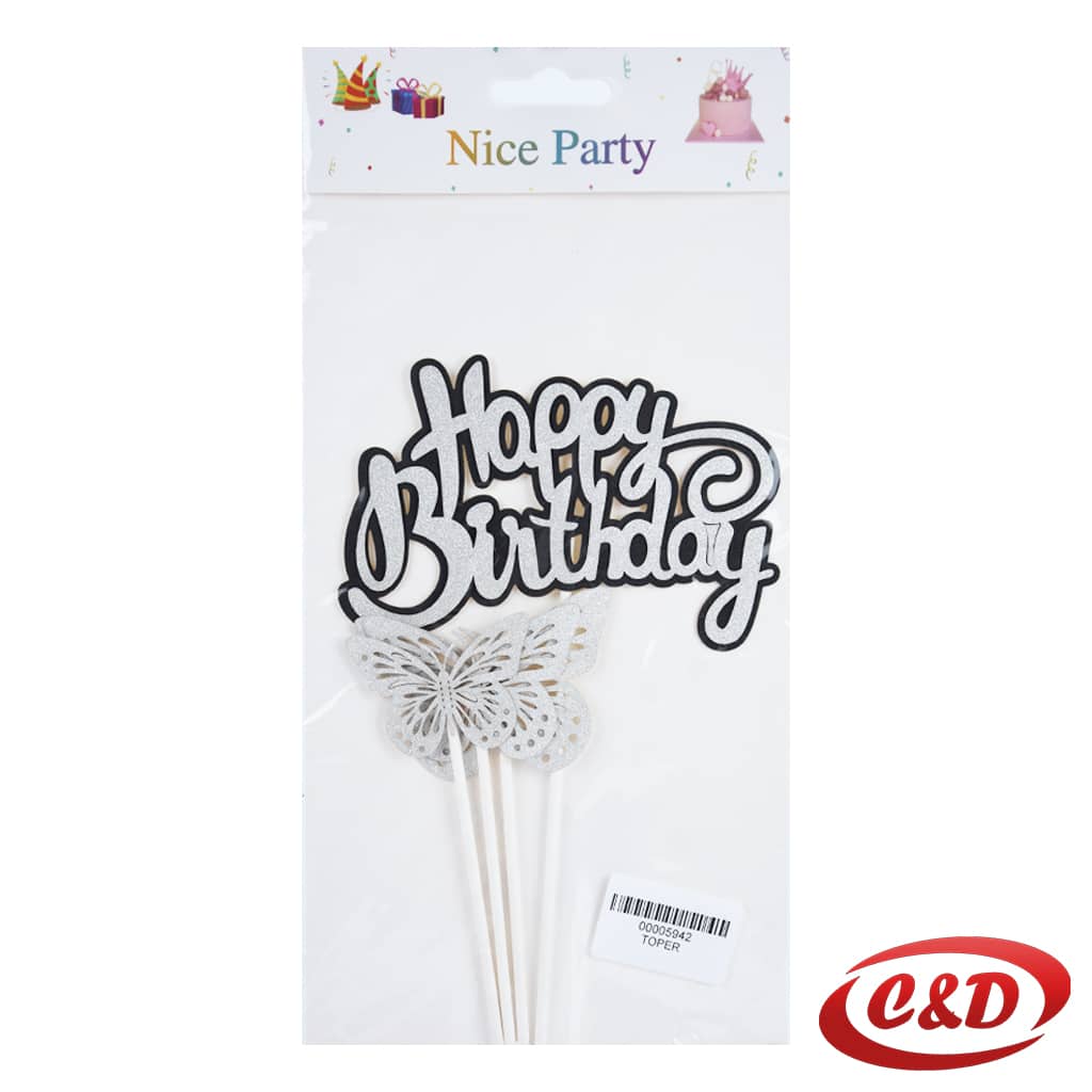 Srebrni toper Happy Birthday s tri leptira za rođendansku tortu