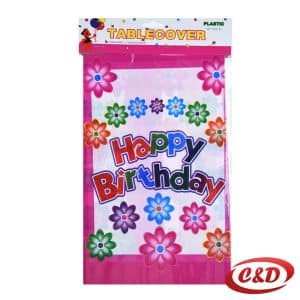 Rozi party stolnjak s cvjetićima i natpisom Happy Birthday