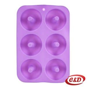 Ljubičasti silikonski kalup za 6 donuts dimenzija 26x18x2 cm.
