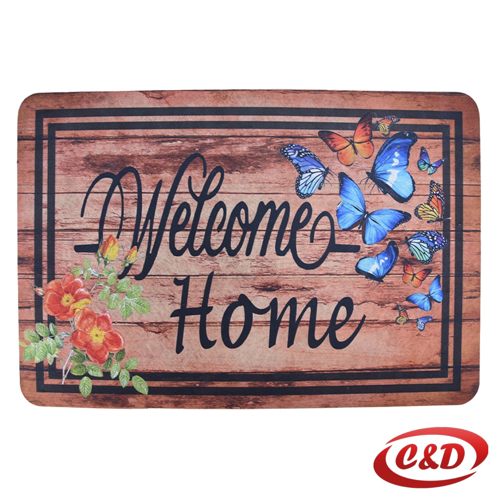 Otirač 40x60 crna smeđa sa leptirima i natpisom Welcome Home