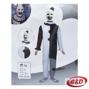 Crno-bijelo klaun odijelo inspirirano likom Art iz horor filma Terrifier, idealno za Halloween i maskenbal.