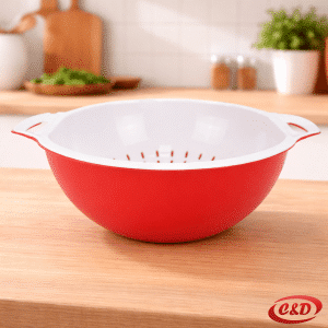 Plastično cjedilo sa posudom bijelo crveno promjer 24 cm visina 13 cm