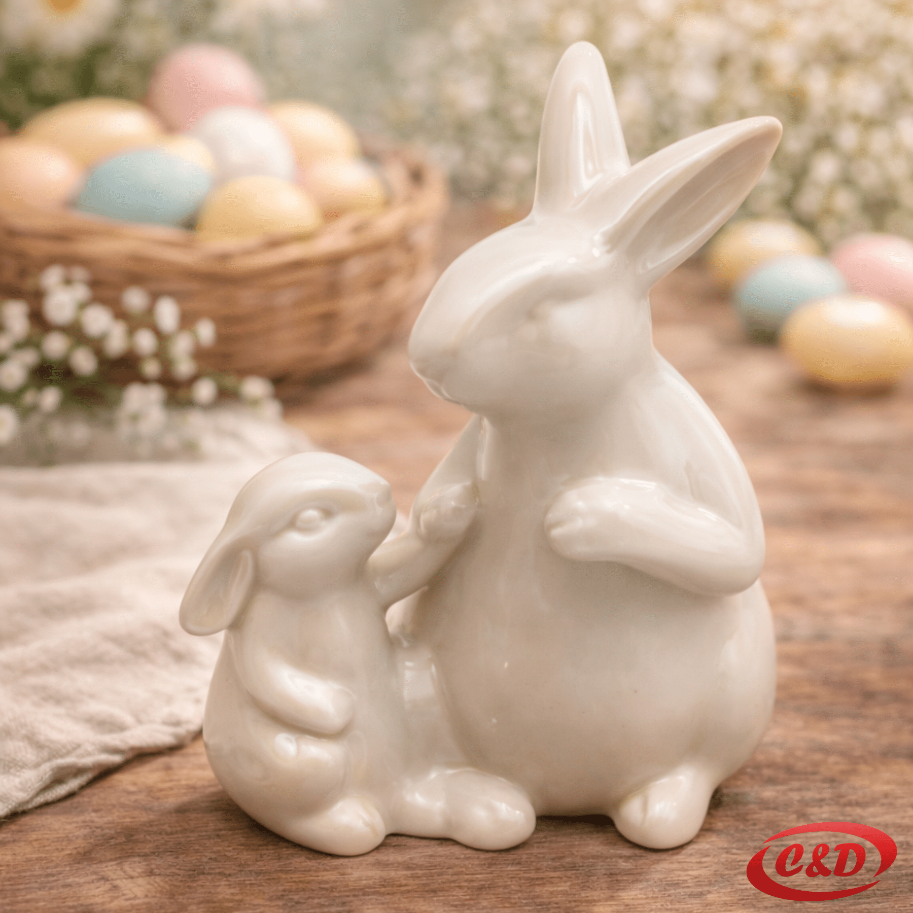 keramički uskrsni zečevi dekoracija bež figura dva zeca 13,8 cm