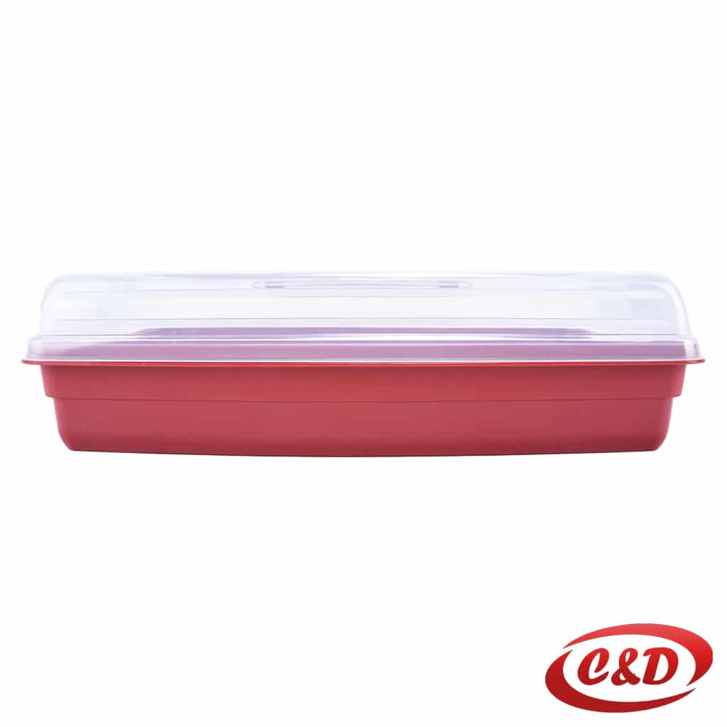 plastična posuda za hranu 2 u 1 crvena s poklopcem i drškom 29x45x11 cm