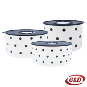 set 3 keramičke posude bijele s crnim točkicama i poklopcem 9-12-15x5,5 cm