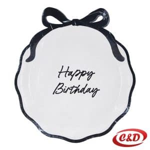 Happy Birthday papirni tanjuri bež 24x26,8 cm s crnim natpisom i mašnom 6 komada