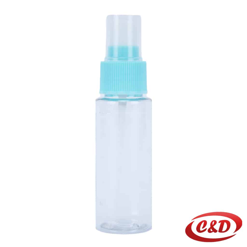 Plava prozirna plastična boca sa raspršivačem 30 ml putna bočica 12 cm