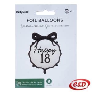 folijski balon Happy 18 u crnoj i bijeloj boji s mašnicom dimenzija 47 × 53 cm