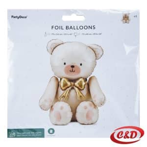 folijski balon medo u bež i zlatnoj boji sa zlatnim mašnama dimenzija 75 × 84 cm