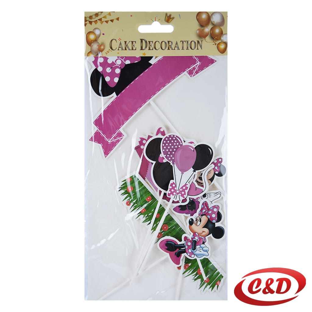 Minnie Mouse topper za tortu u rozoj i crnoj boji, set od 7 komada