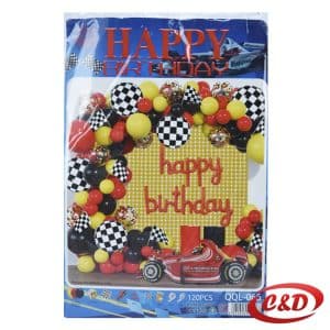 balon luk Auti QQL-066 s crvenim, žutim i crnim latex balonima, folijskim balonima autića i kariranim balonima