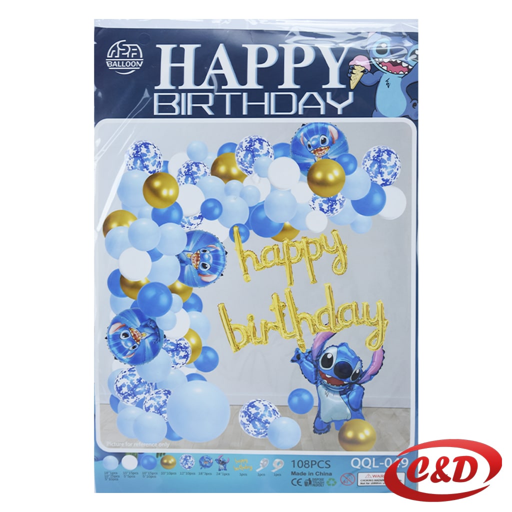 balon luk Stitch QQL-049 sa svijetloplavim, tamnoplavim i bijelim latex balonima te folijskim Stitch balonima