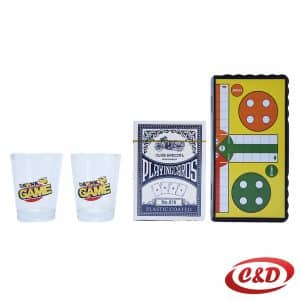 Drunk Game set s dvije čaše, kartama, podlogom za Čovječe ne ljuti se i figuricama u crvenoj kutiji