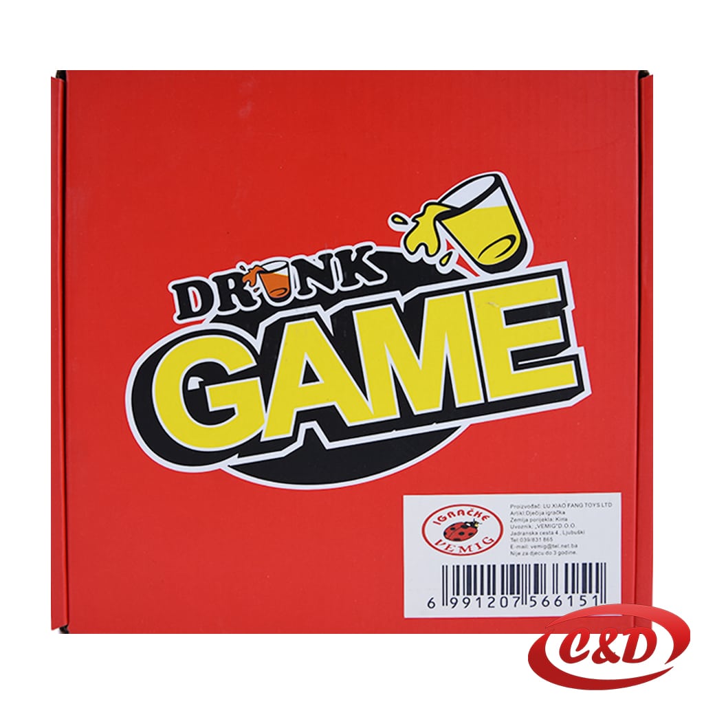 Drunk Game set s dvije čaše, kartama, podlogom za Čovječe ne ljuti se i figuricama u crvenoj kutiji