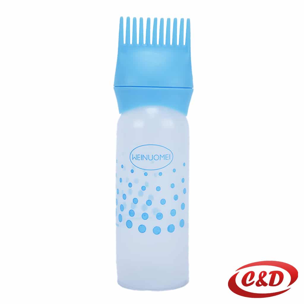 plava plastična boca s četkom za nanošenje ulja za kosu dimenzija 18 × 4 cm
