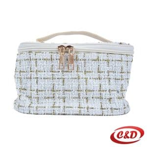 bijeli kozmetički neseser sa zlatnim detaljima i dva pretinca dimenzija 20 × 15 × 12 cm
